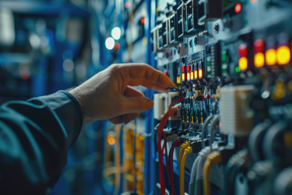 A person operating a control panel in a room.